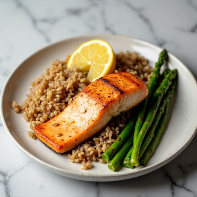 Seared Salmon Fillet with Steamed Asparagus and Brown Rice