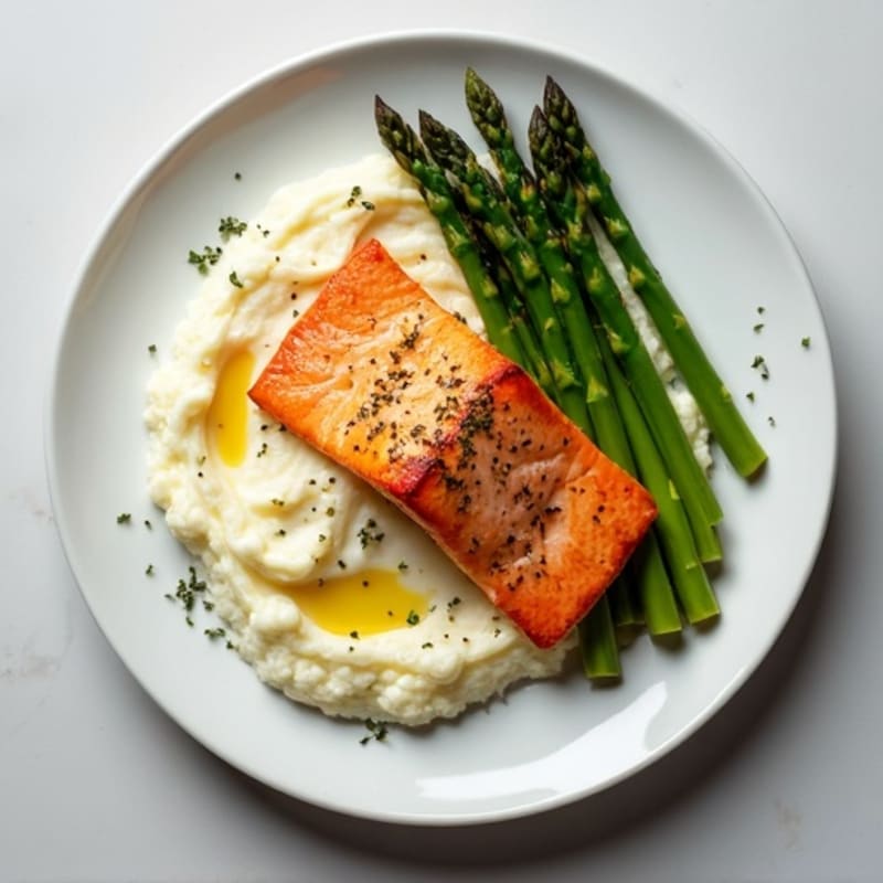 Seared Salmon with Steamed Asparagus and Cauliflower Mash
