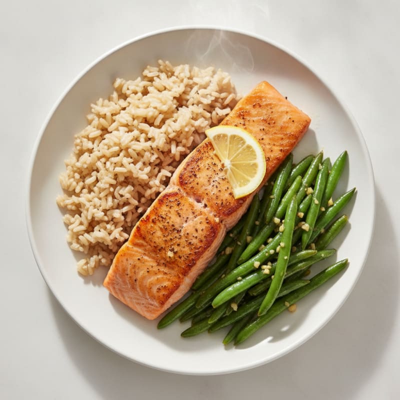 Seared Salmon Fillet with Steamed Brown Rice and Garlic Green Beans