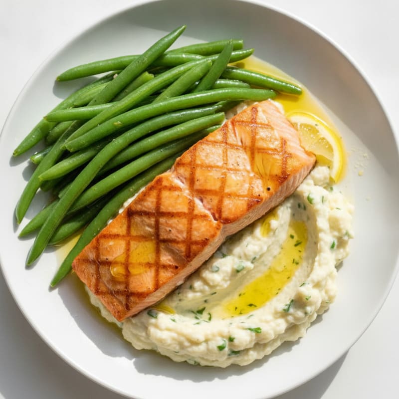 Seared Salmon with Steamed Green Beans and Cauliflower Mash