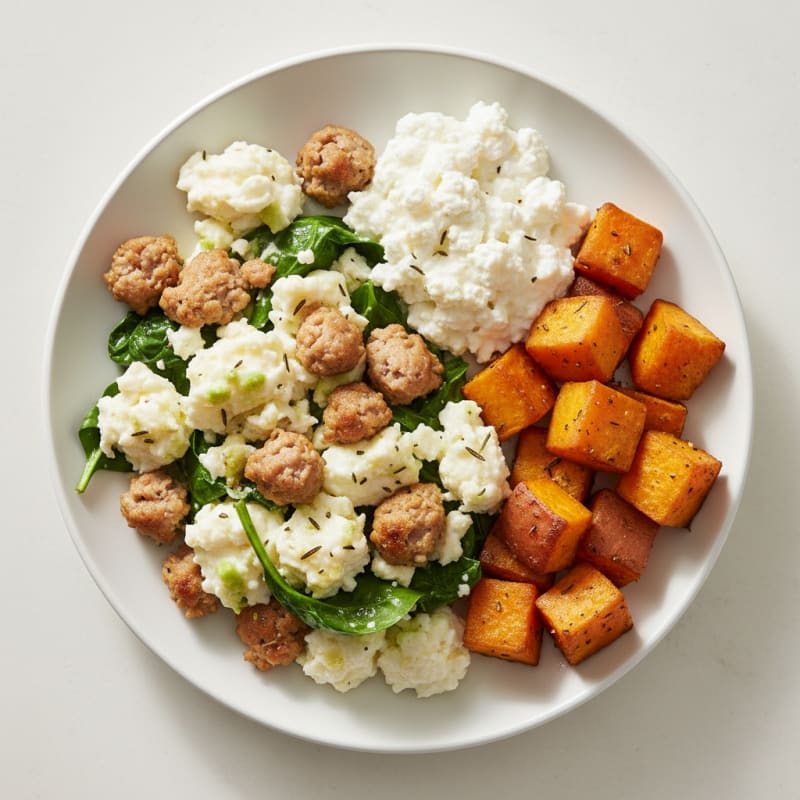Egg White and Turkey Sausage Scramble with Cottage Cheese and Roasted Sweet Potatoes