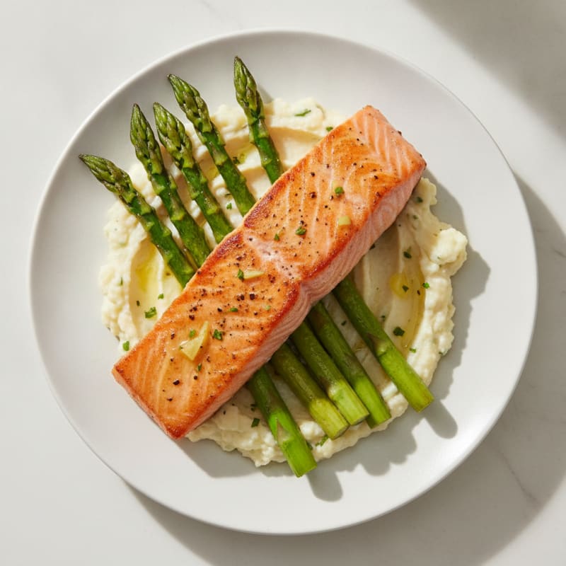 Seared Salmon Fillet with Roasted Asparagus and Cauliflower Mash