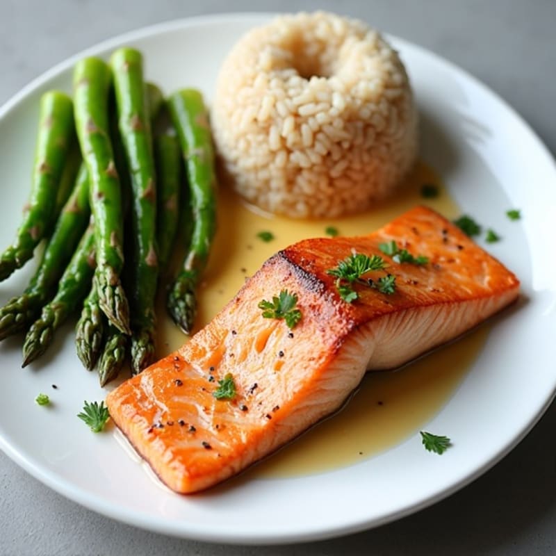Seared Salmon with Steamed Asparagus and Brown Rice