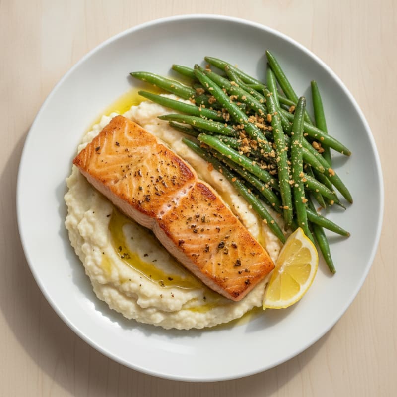 Seared Salmon Fillet with Garlic Green Beans and Cauliflower Mash