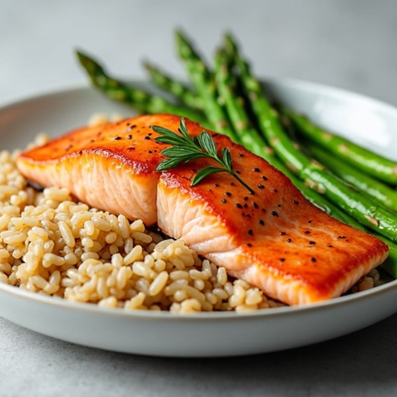 Seared Salmon with Steamed Asparagus and Brown Rice