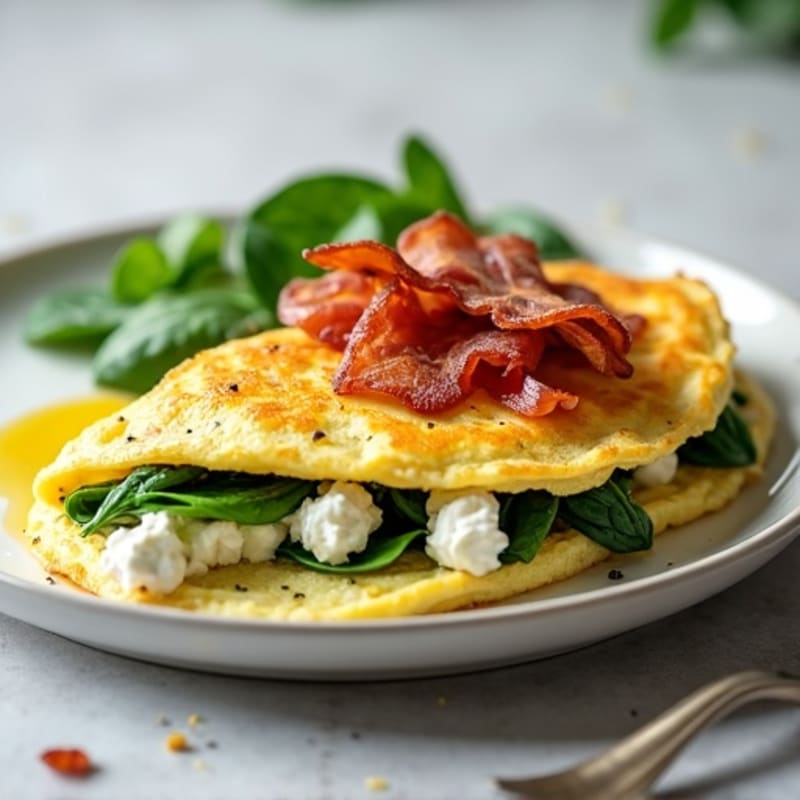 Egg White Spinach Omelette with Cottage Cheese and Turkey Bacon