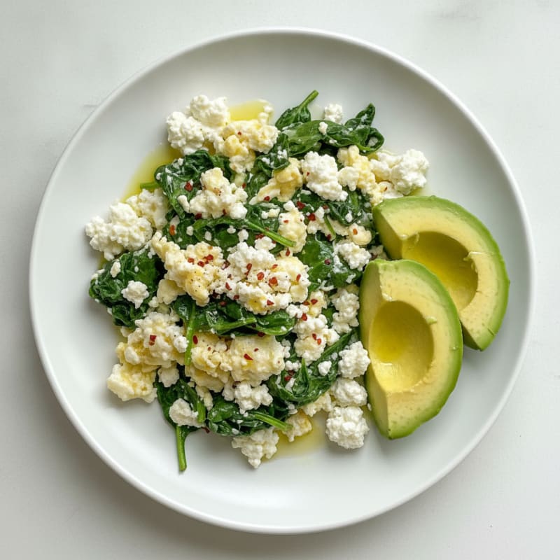 Egg White Spinach Scramble with Cottage Cheese and Avocado