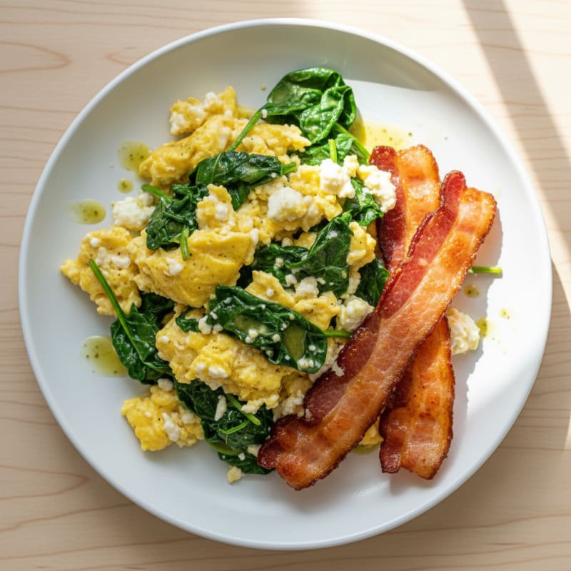 Cottage Cheese Egg Scramble with Spinach and Turkey Bacon