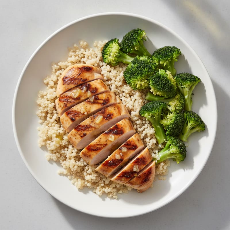 Grilled Lemon Garlic Chicken Breast with Quinoa and Steamed Broccoli