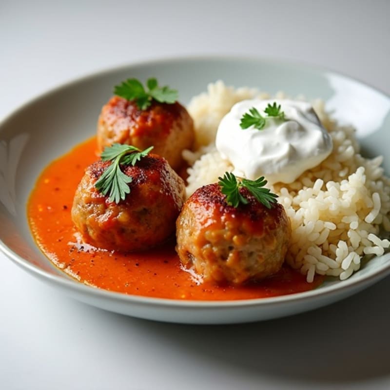 Juicy Baked Meatballs with Steamed Rice and Creamy Yogurt