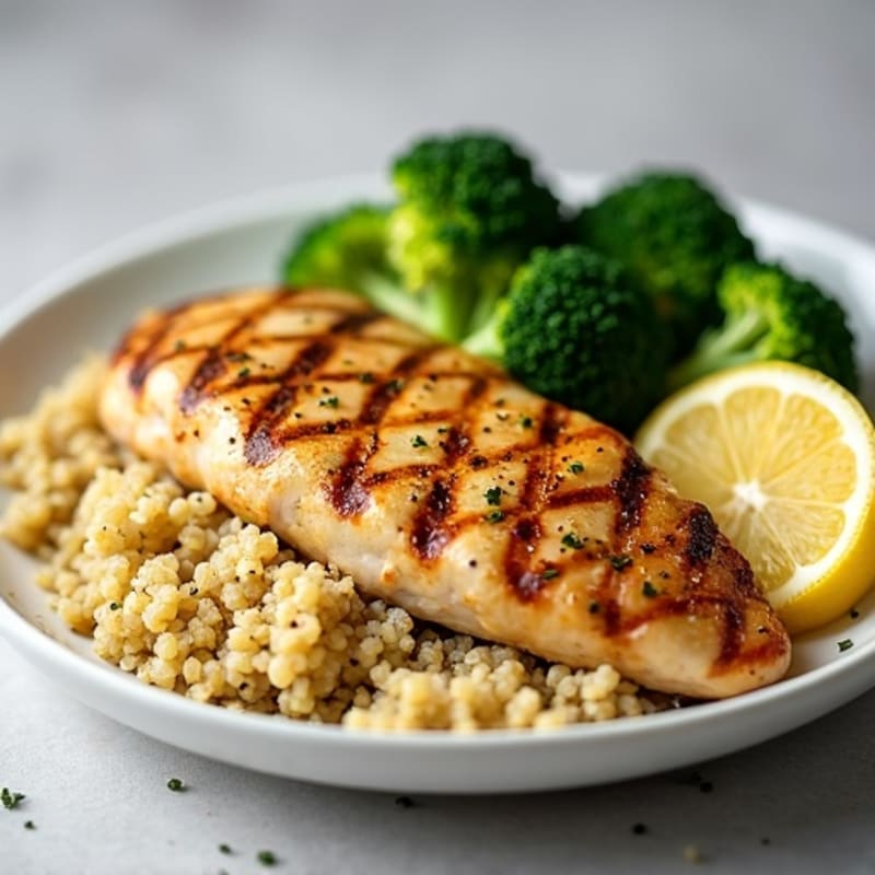 Grilled Lemon Garlic Chicken Breast with Quinoa and Steamed Broccoli