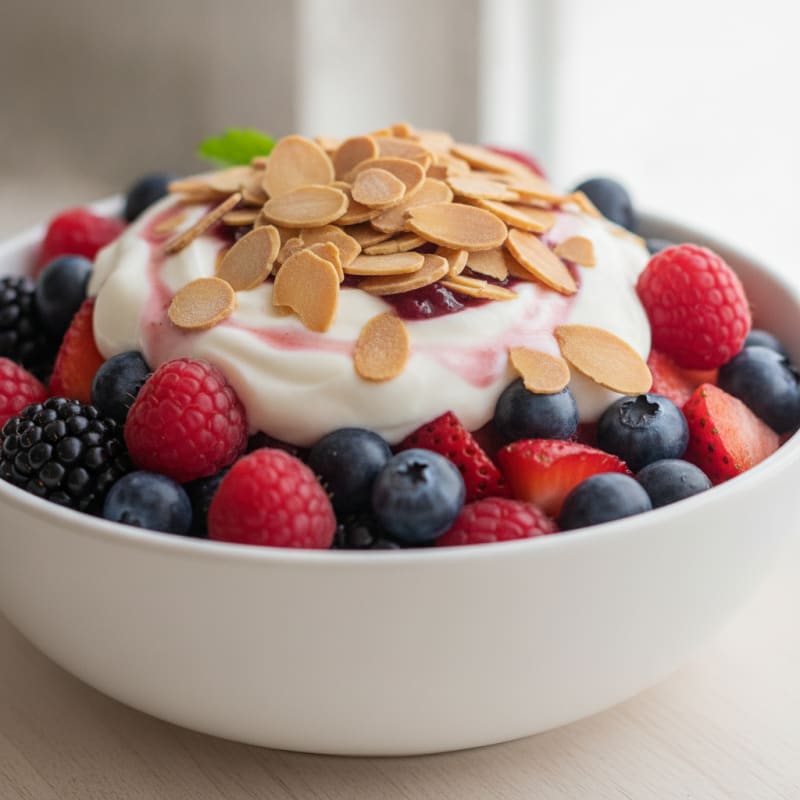 Greek Yogurt Protein Parfait with Mixed Berries and Almonds