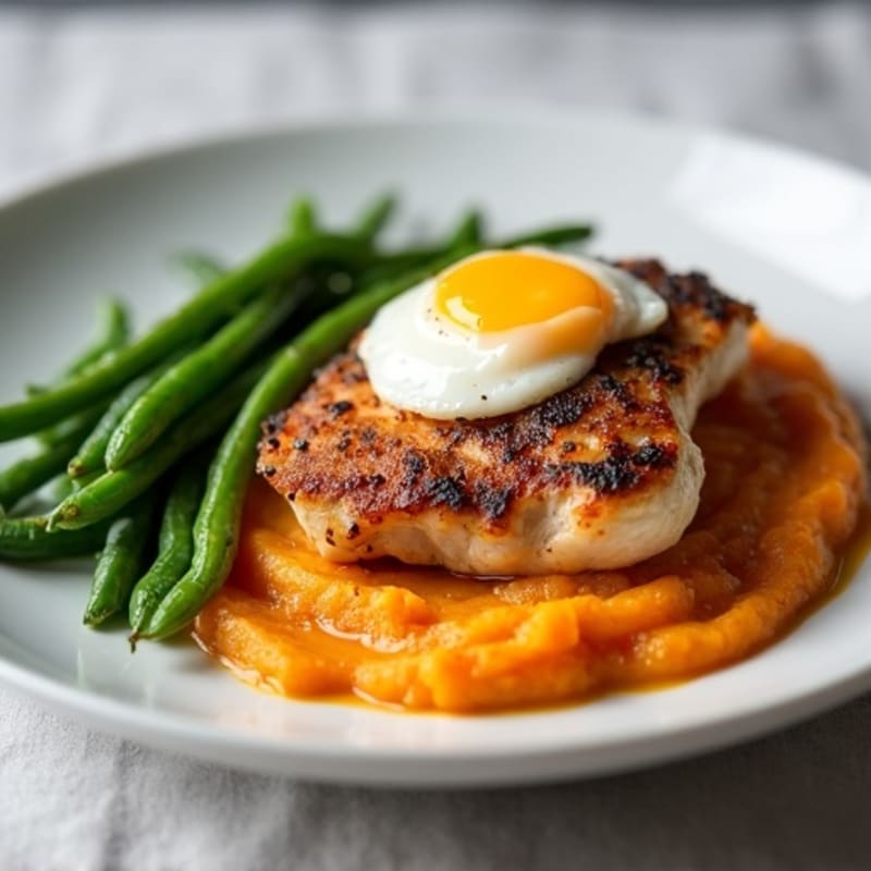 Seared Chicken Thighs with Garlic Green Beans and Sweet Potato Mash (with Egg White Garnish)