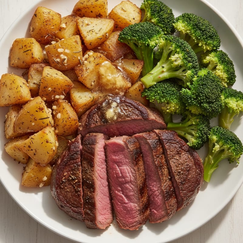 Seared Steak with Garlic Herb Potatoes and Steamed Broccoli