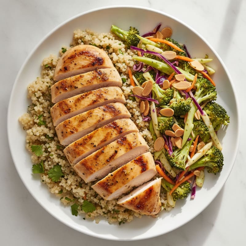 Grilled Chicken Breast with Quinoa and Crunchy Broccoli Slaw