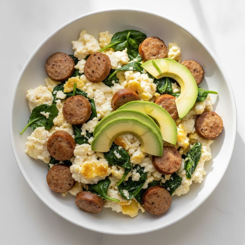 Egg White and Spinach Scramble with Turkey Sausage