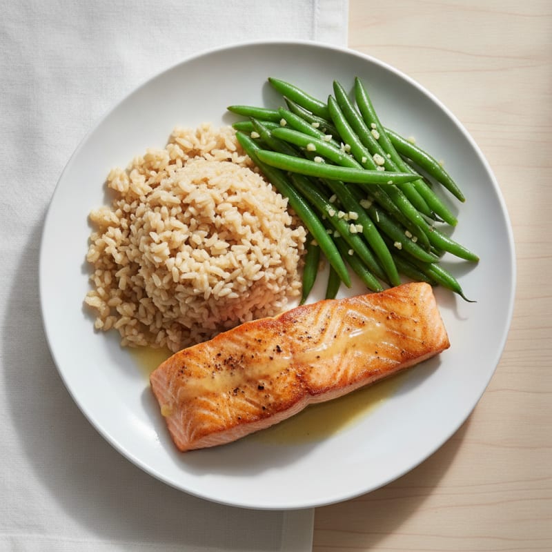 Seared Salmon Fillet with Garlic Green Beans and Brown Rice