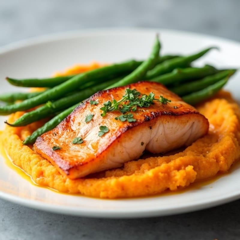 Pan-Seared Salmon with Garlic Green Beans and Sweet Potato Mash