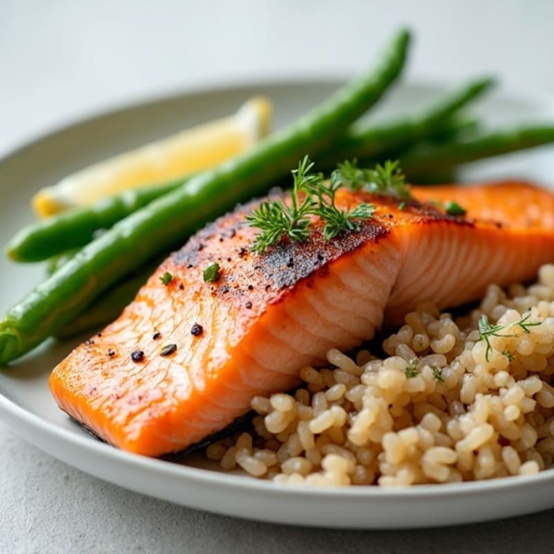 Seared Salmon with Steamed Green Beans and Brown Rice