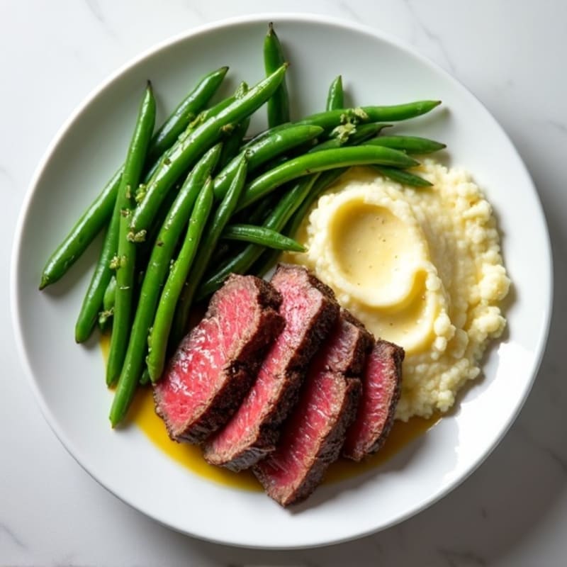 Seared Lean Beef Strips with Steamed Green Beans and Cauliflower Mash