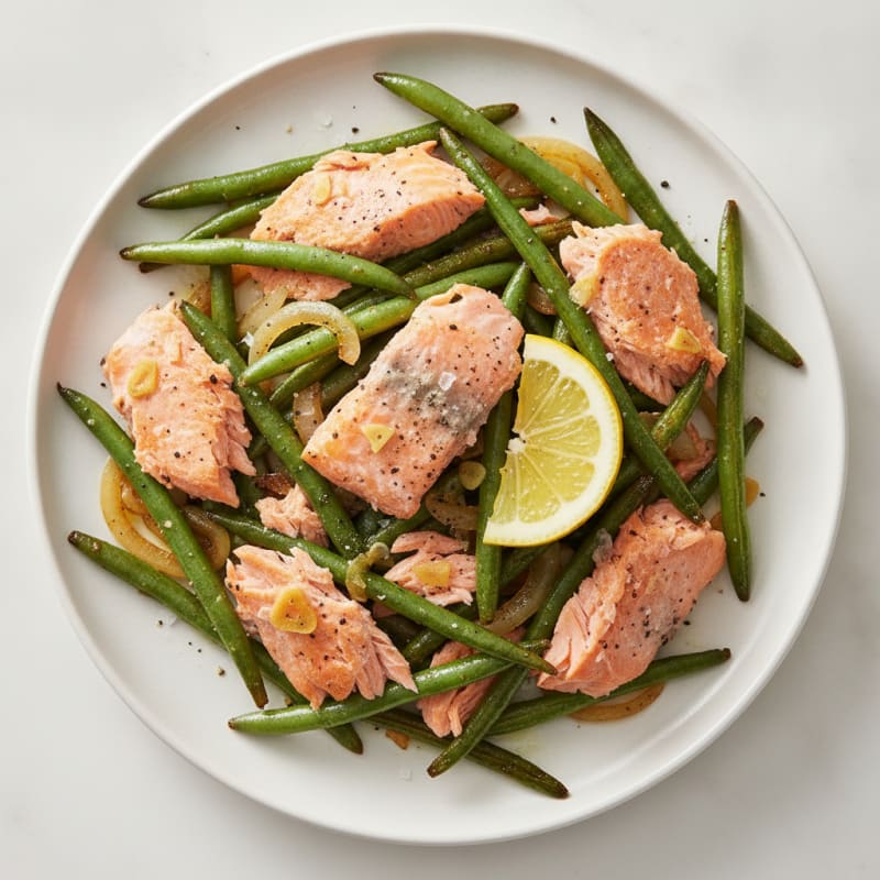 Flaked Canned Salmon with Sautéed String Beans