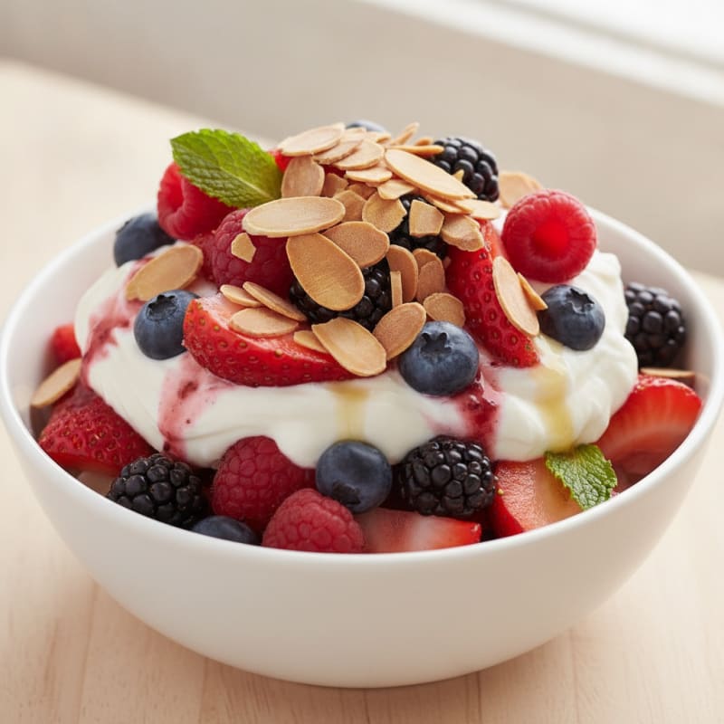 Greek Yogurt Protein Parfait with Mixed Berries and Almonds
