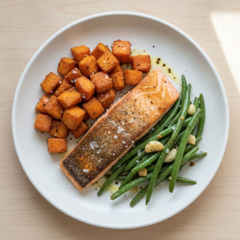 Seared Salmon with Roasted Sweet Potatoes and Garlic Green Beans