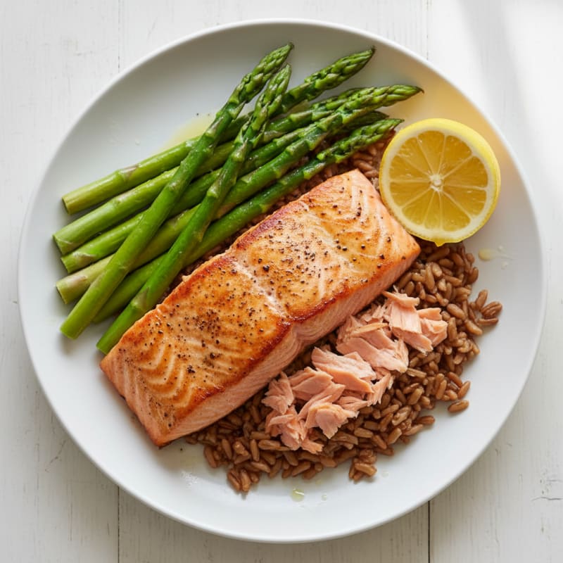 Seared Salmon Fillet with Steamed Asparagus and Brown Rice