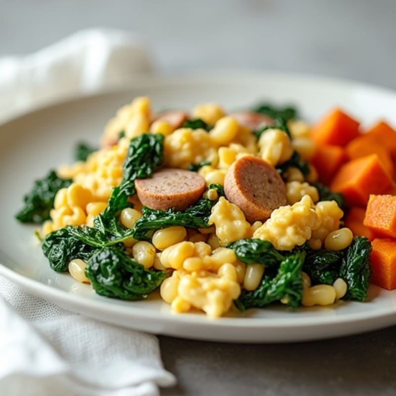 Egg White and Turkey Sausage Scramble with Spinach and Roasted Sweet Potato