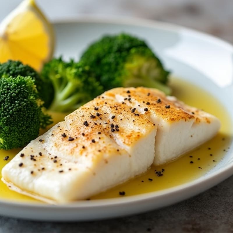 Seared White Fish with Steamed Broccoli and Lemon