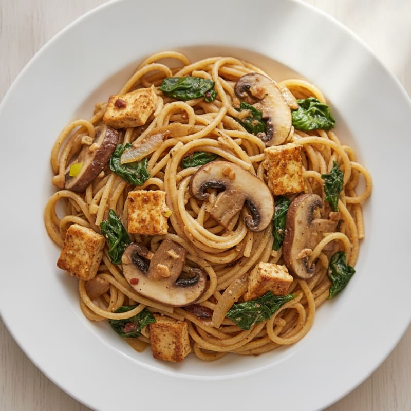 Tofu-Bean Paste Spaghetti with Mushrooms and Spinach