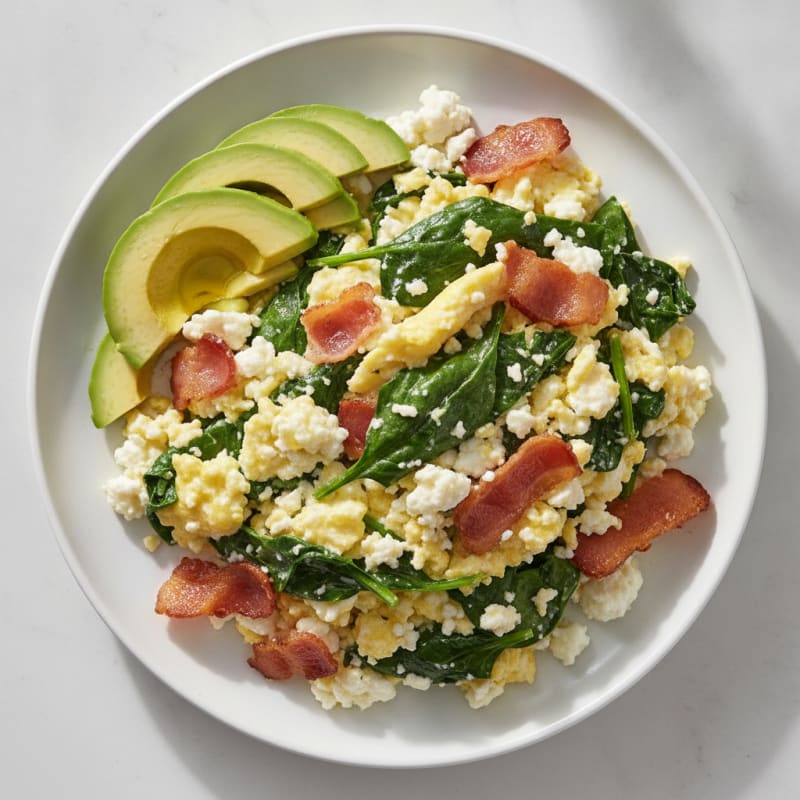 Cottage Cheese Egg White Scramble with Spinach and Turkey Bacon