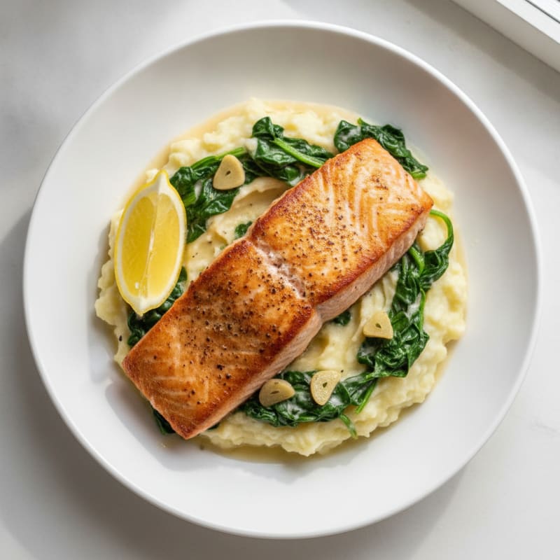 Seared Salmon Fillet with Creamy Spinach and Garlic Mashed Potatoes