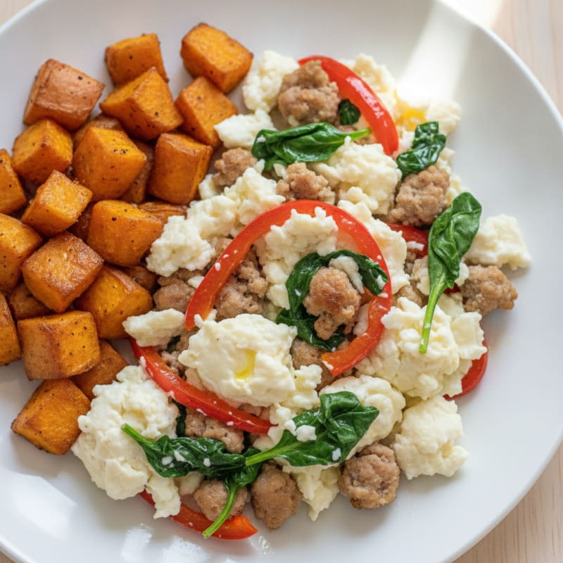 Egg White Scramble with Turkey Sausage and Roasted Sweet Potatoes