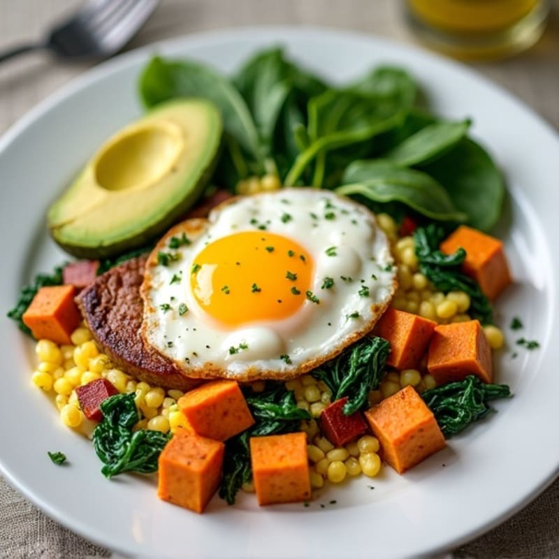 Egg White and Turkey Sausage Scramble with Spinach and Sweet Potato