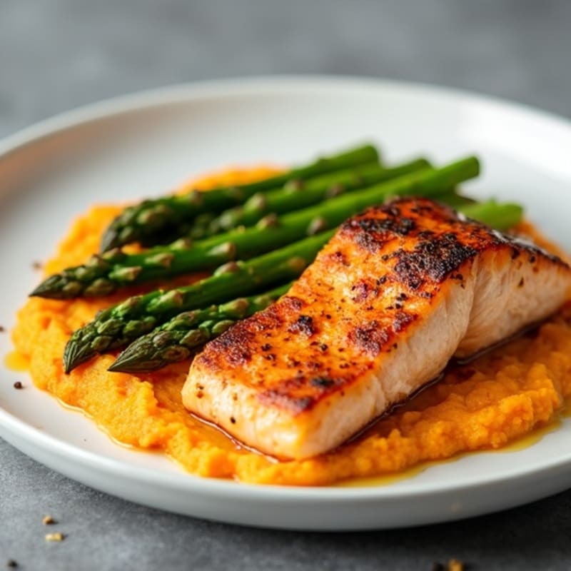 Seared Salmon with Steamed Asparagus and Sweet Potato Mash