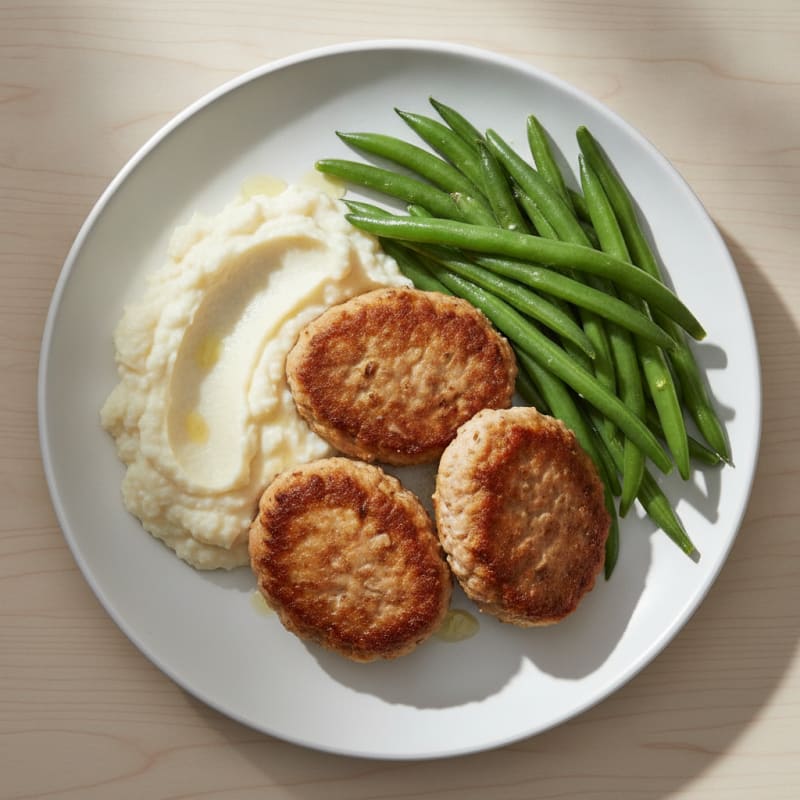 Seared Turkey Patties with Steamed Green Beans and Cauliflower Mash