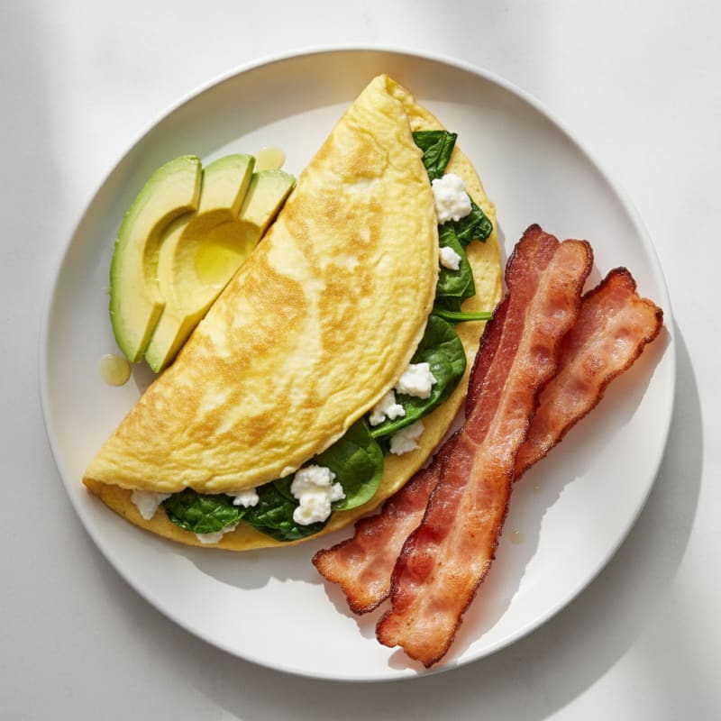 Egg White Spinach Omelette with Grilled Turkey Bacon