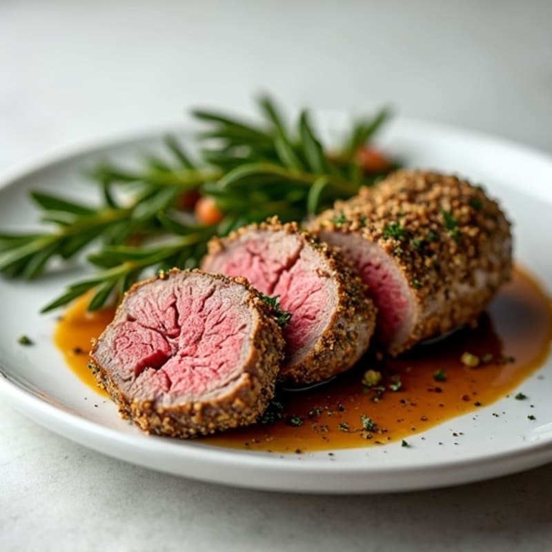 Herb-Crusted Beef Tenderloin with Mushroom Wrap