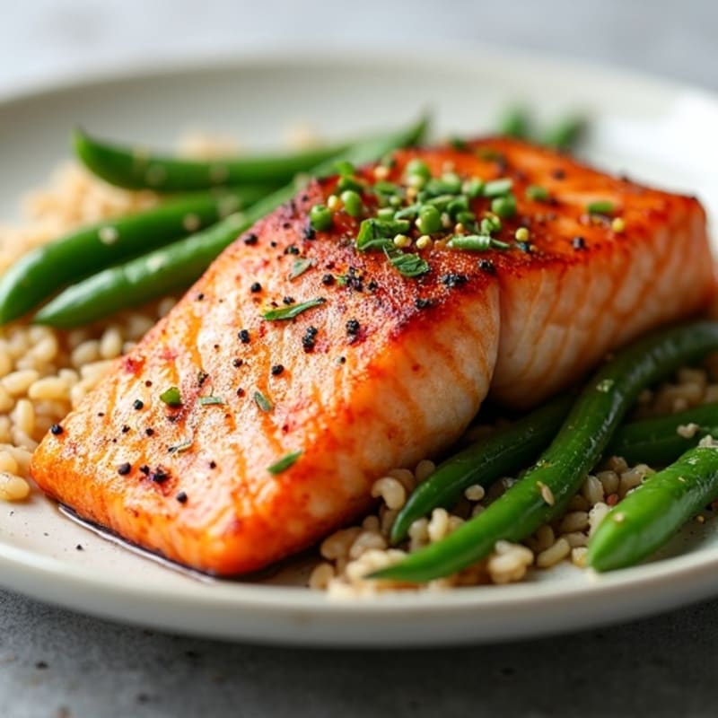 Seared Salmon with Garlic Green Beans and Brown Rice