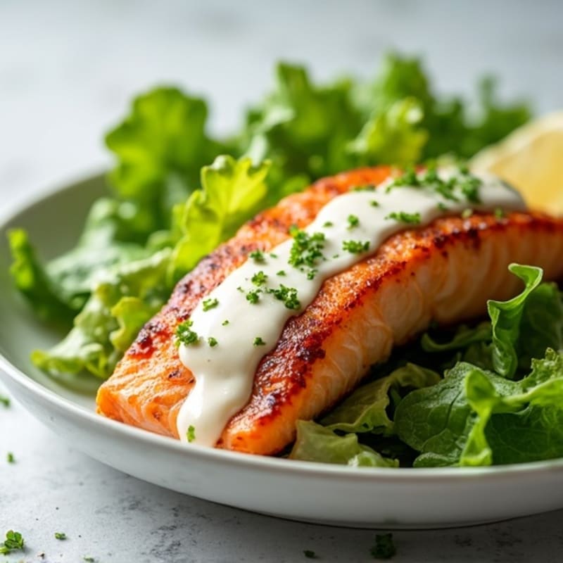 Crispy Pan-Seared Salmon with Fresh Romaine and Creamy Lemon-Garlic Dressing