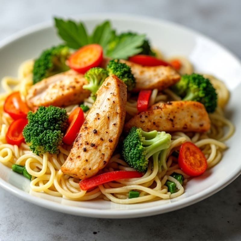 Garlic Chicken Stir-Fry with Fresh Vegetables and Egg Noodles