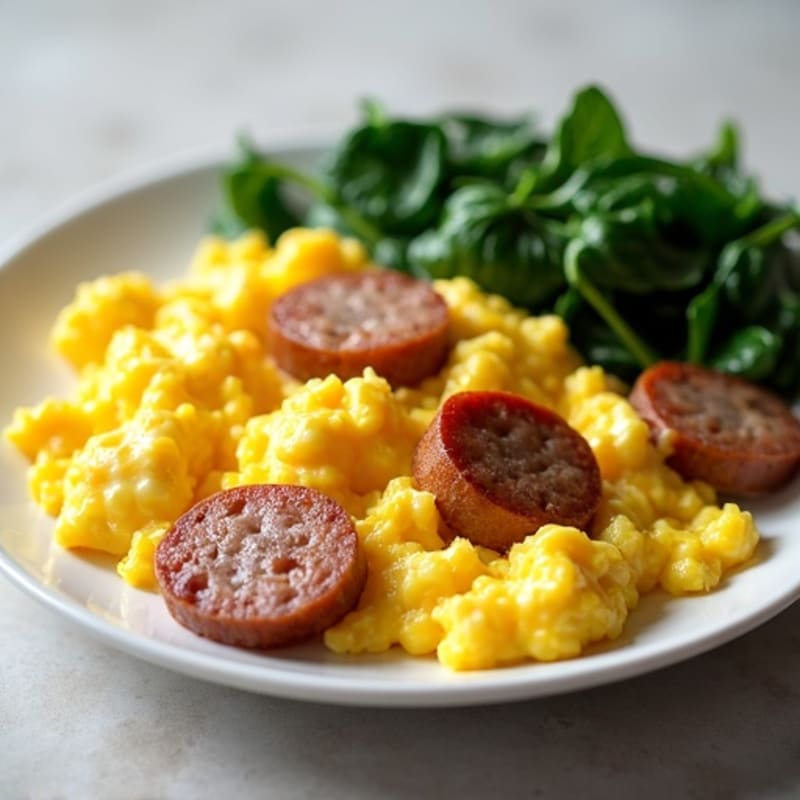 Creamy Scrambled Eggs with Turkey Sausage and Sautéed Spinach