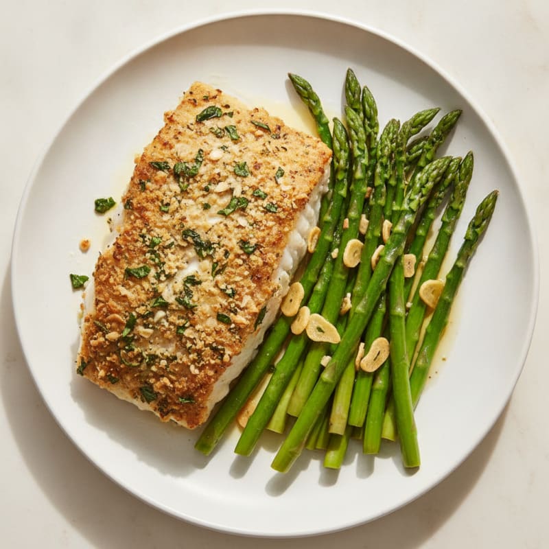Basil-Crusted Halibut with Lemon-Garlic Asparagus