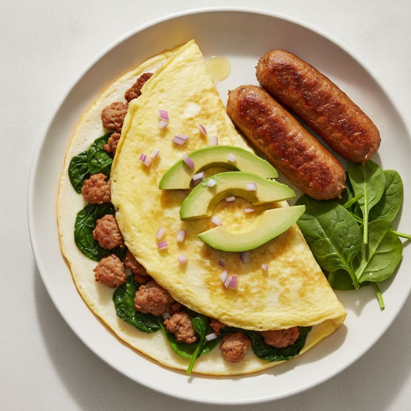 Egg White Omelette with Spinach, Turkey Sausage, and Avocado