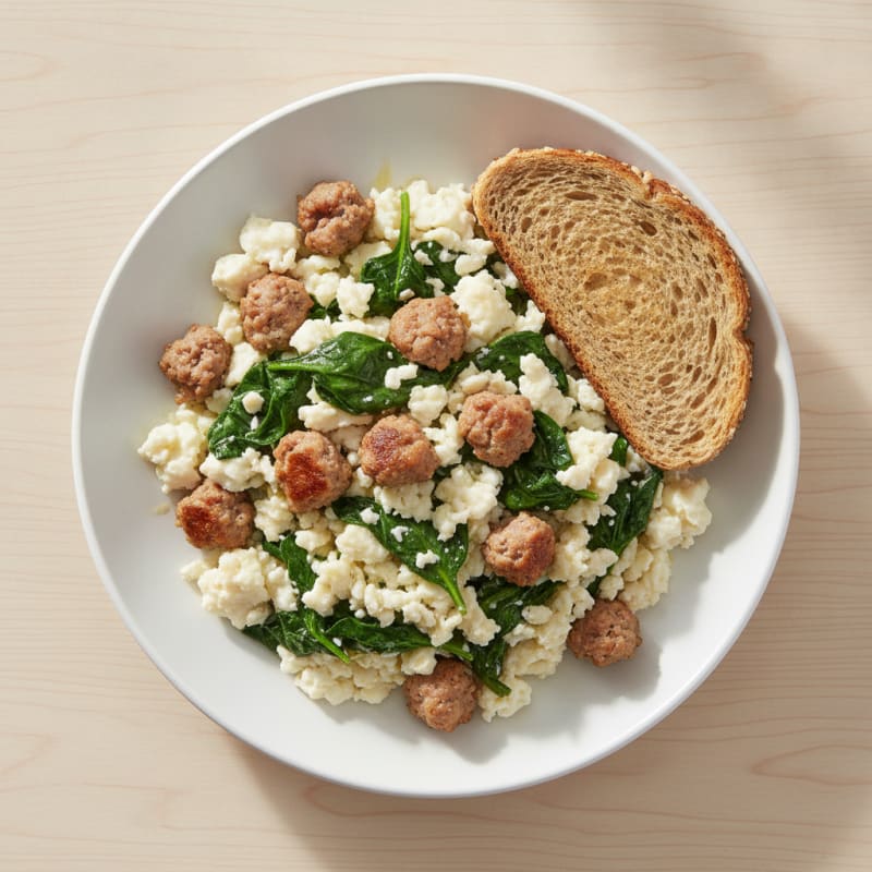 Egg White and Turkey Sausage Scramble with Sautéed Spinach