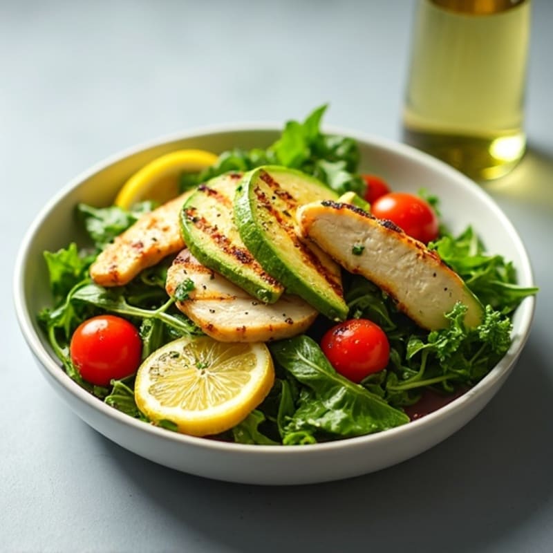 Crispy Greens and Fresh Avocado Salad with Grilled Chicken