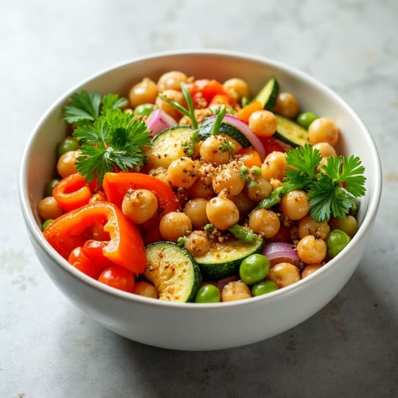Crispy Chickpea and Roasted Vegetable Bowl with Lemon Herb Dressing