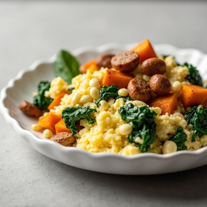 Egg White and Turkey Sausage Scramble with Spinach and Roasted Sweet Potatoes