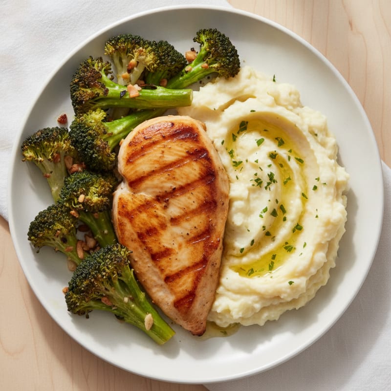 Seared Chicken Breast with Roasted Broccoli and Garlic Mashed Potatoes